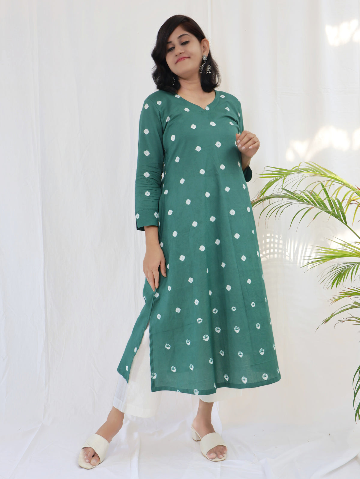 Jade Green Bandhani Cotton Aline Long Kurta