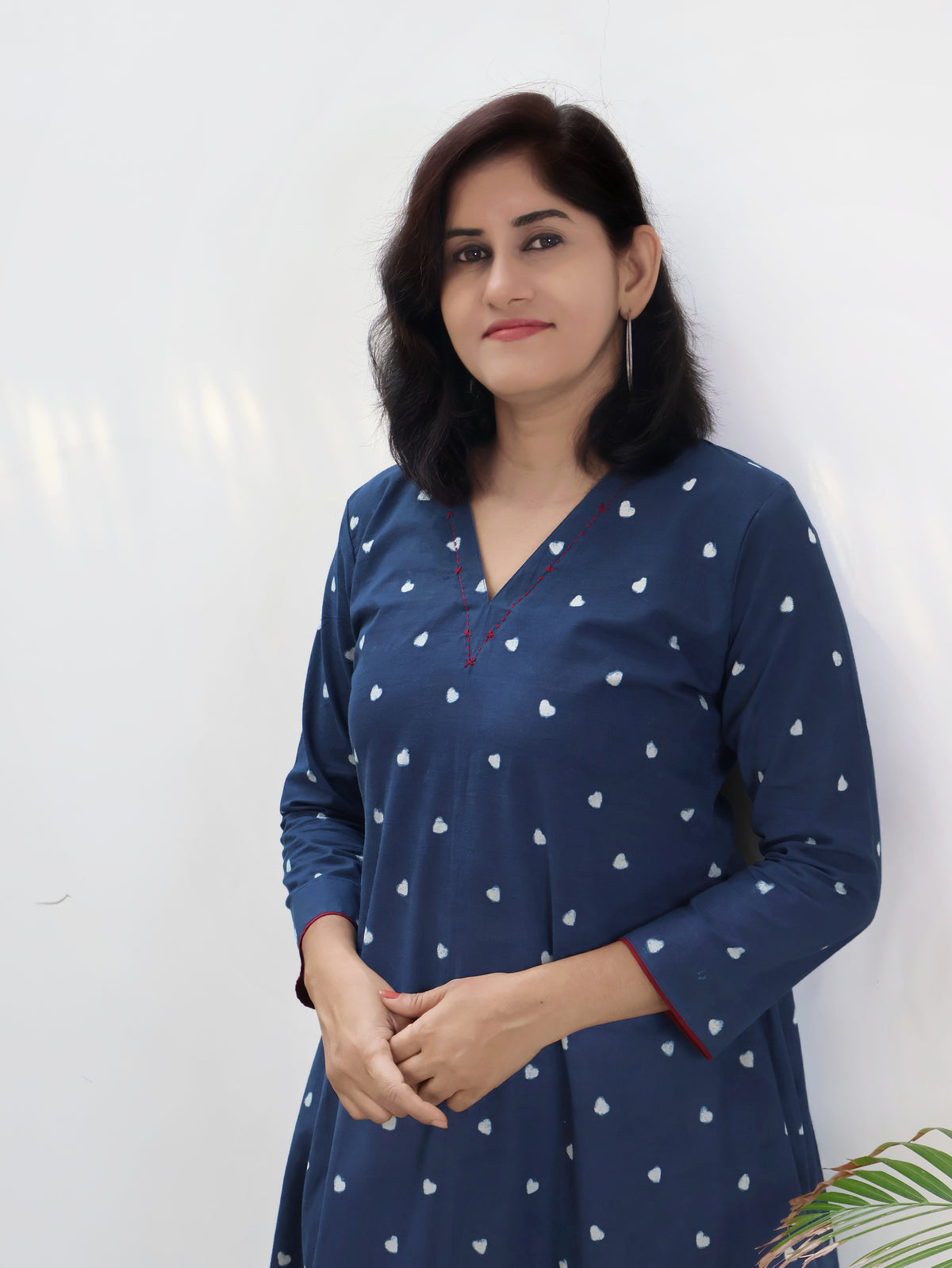 Indigo Little Hearts Dabu Hand Block Cotton A-line Long Kurta