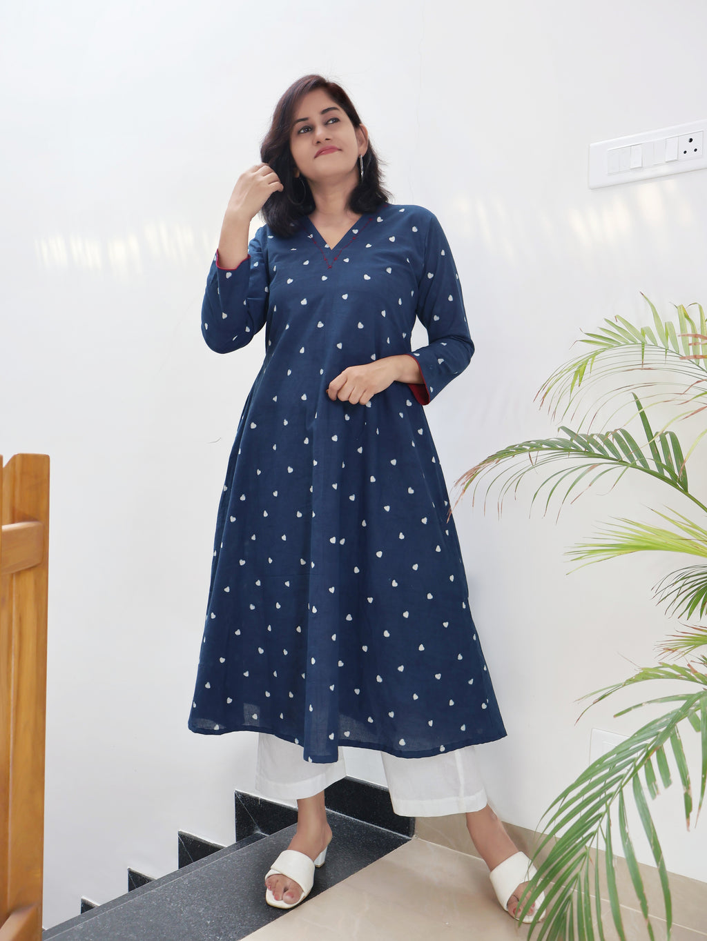 Indigo Little Hearts Dabu Hand Block Cotton A-line Long Kurta