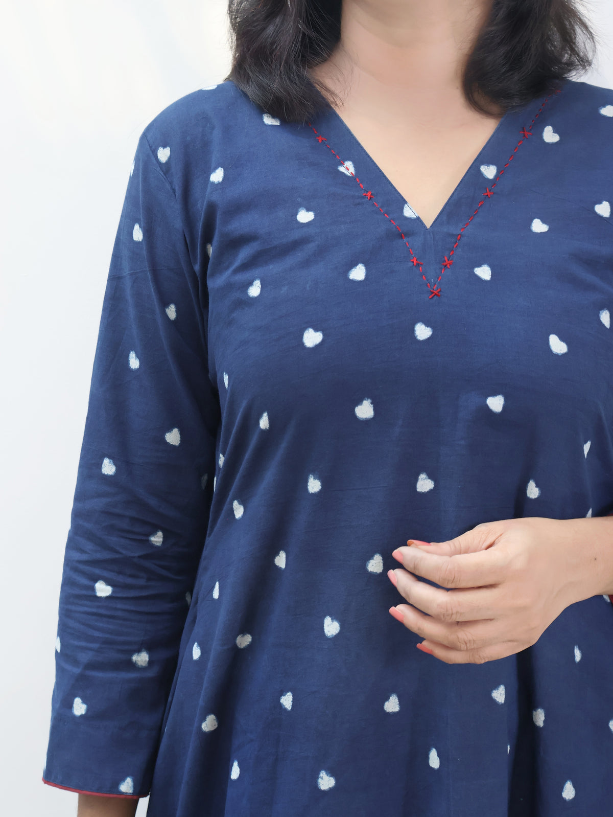 Indigo Little Hearts Dabu Hand Block Cotton A-line Long Kurta