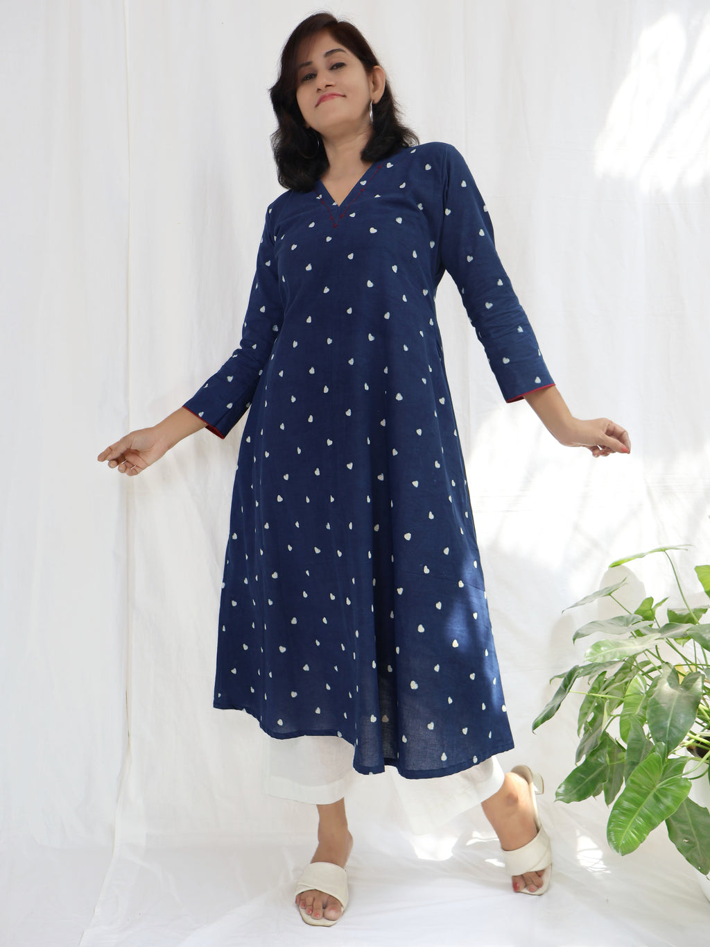 Indigo Little Hearts Dabu Hand Block Cotton A-line Long Kurta
