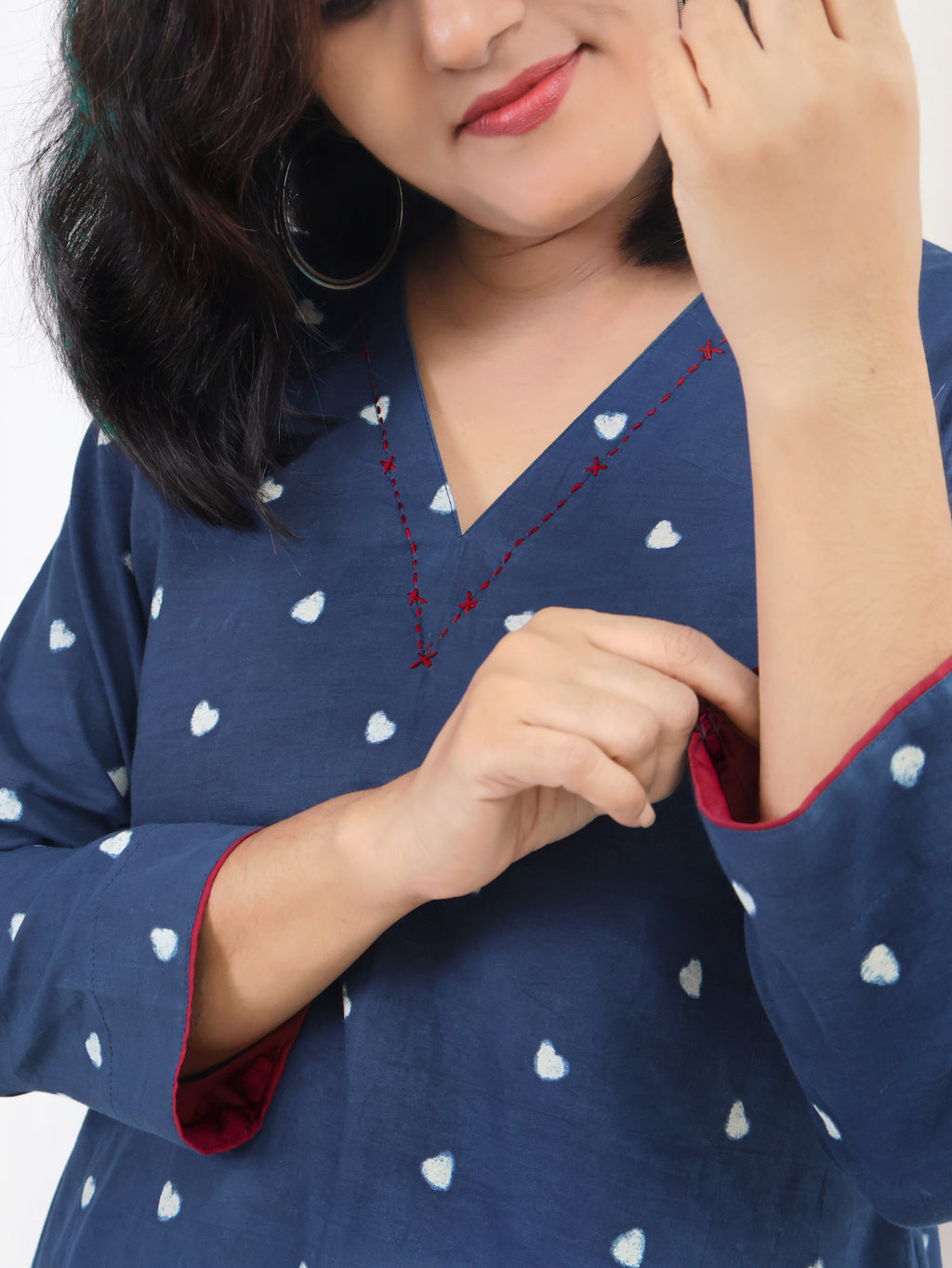 Indigo Little Hearts Dabu Hand Block Cotton A-line Long Kurta