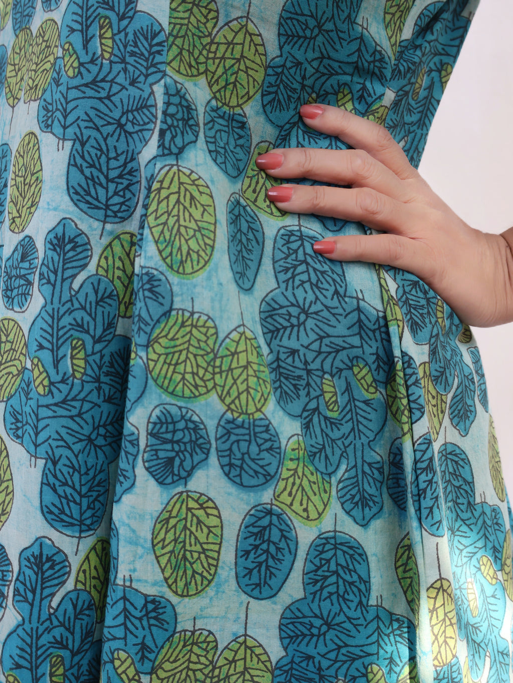Teal Green Dabu Hand Block Paneled Cotton Long Kurta