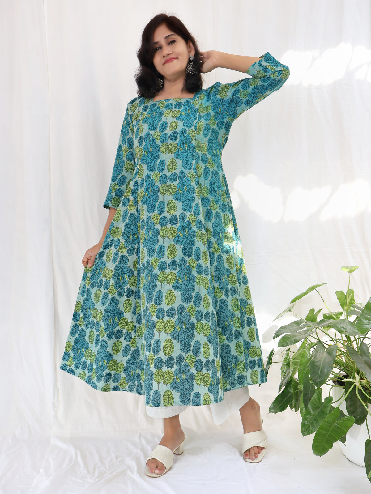 Teal Green Dabu Hand Block Paneled Cotton Long Kurta