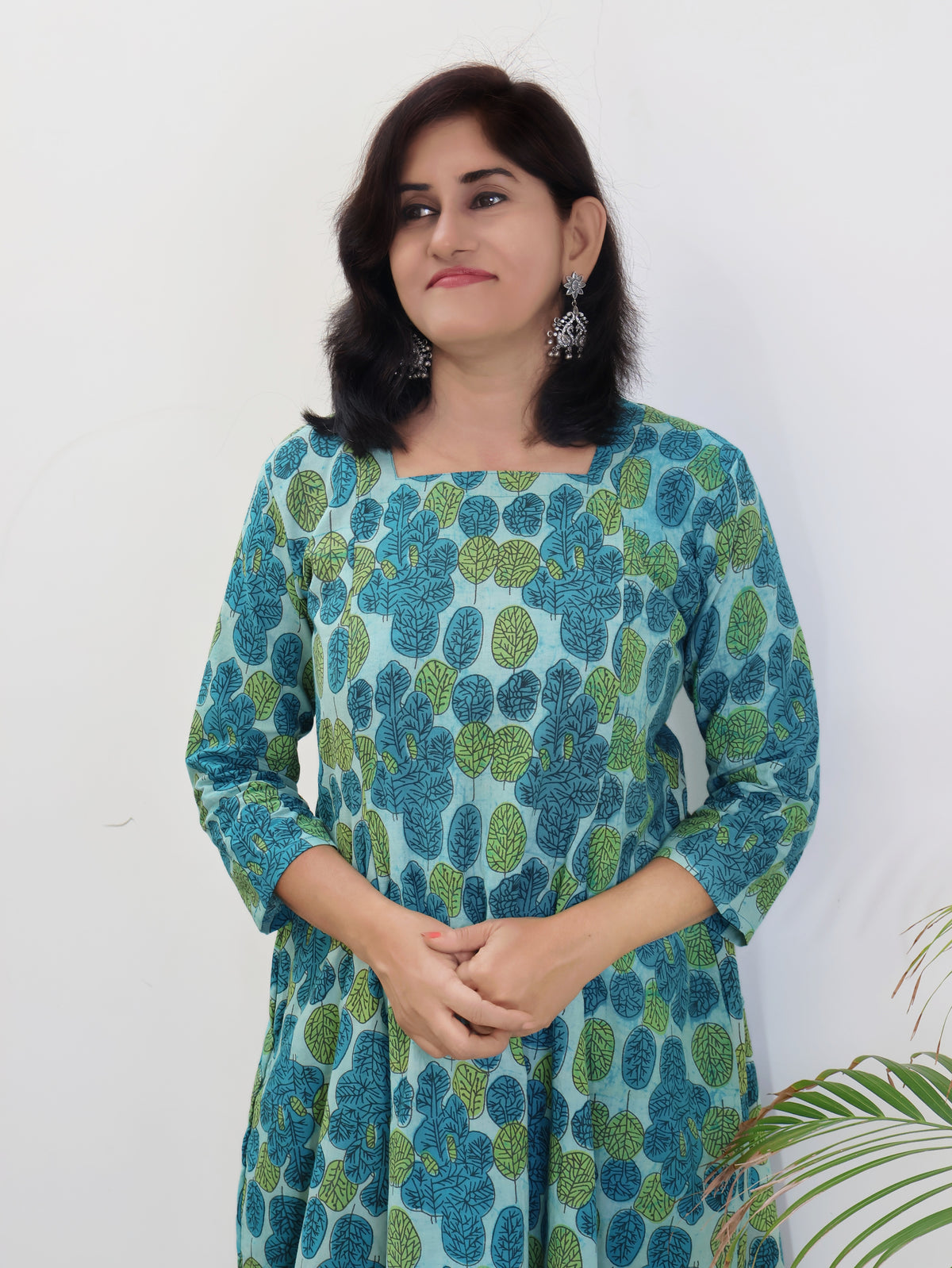 Teal Green Dabu Hand Block Paneled Cotton Long Kurta