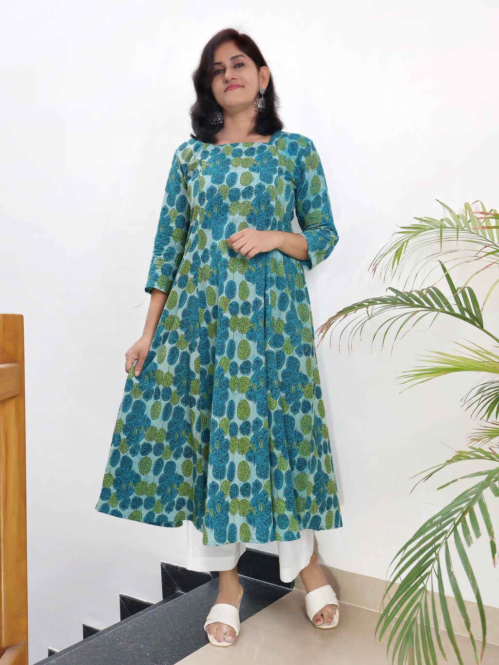 Teal Green Dabu Hand Block Paneled Cotton Long Kurta