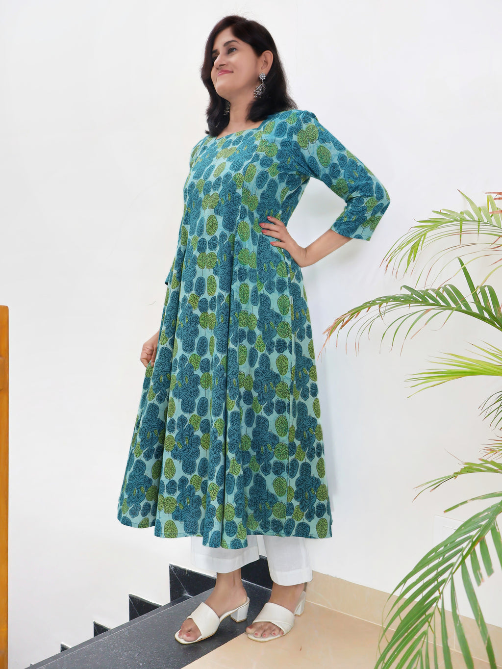 Teal Green Dabu Hand Block Paneled Cotton Long Kurta