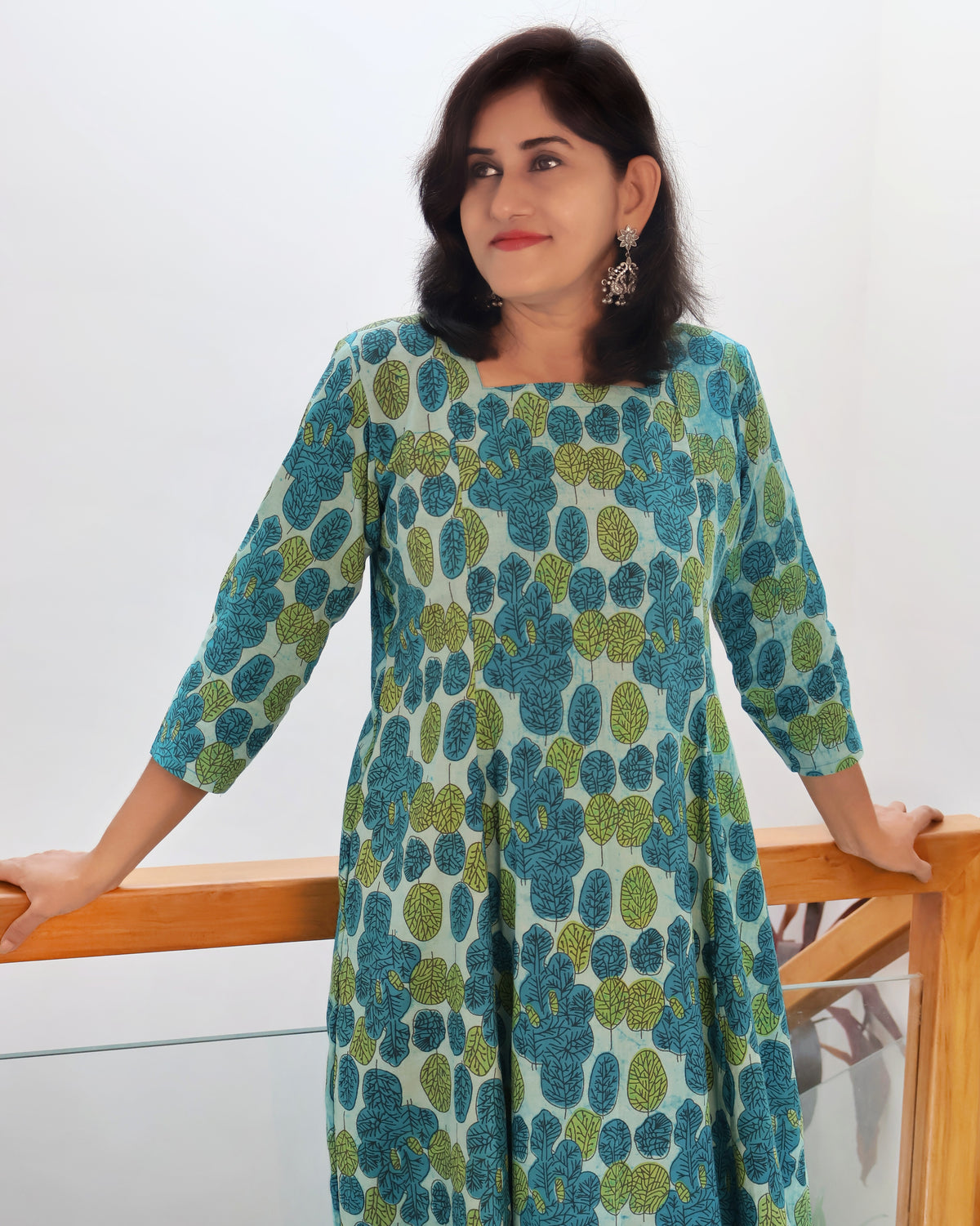 Teal Green Dabu Hand Block Paneled Cotton Long Kurta