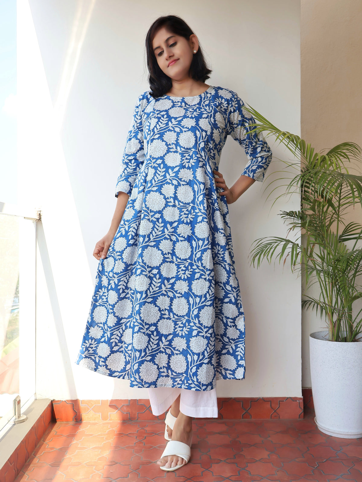 Blue Tropical Printed Cotton Kurta