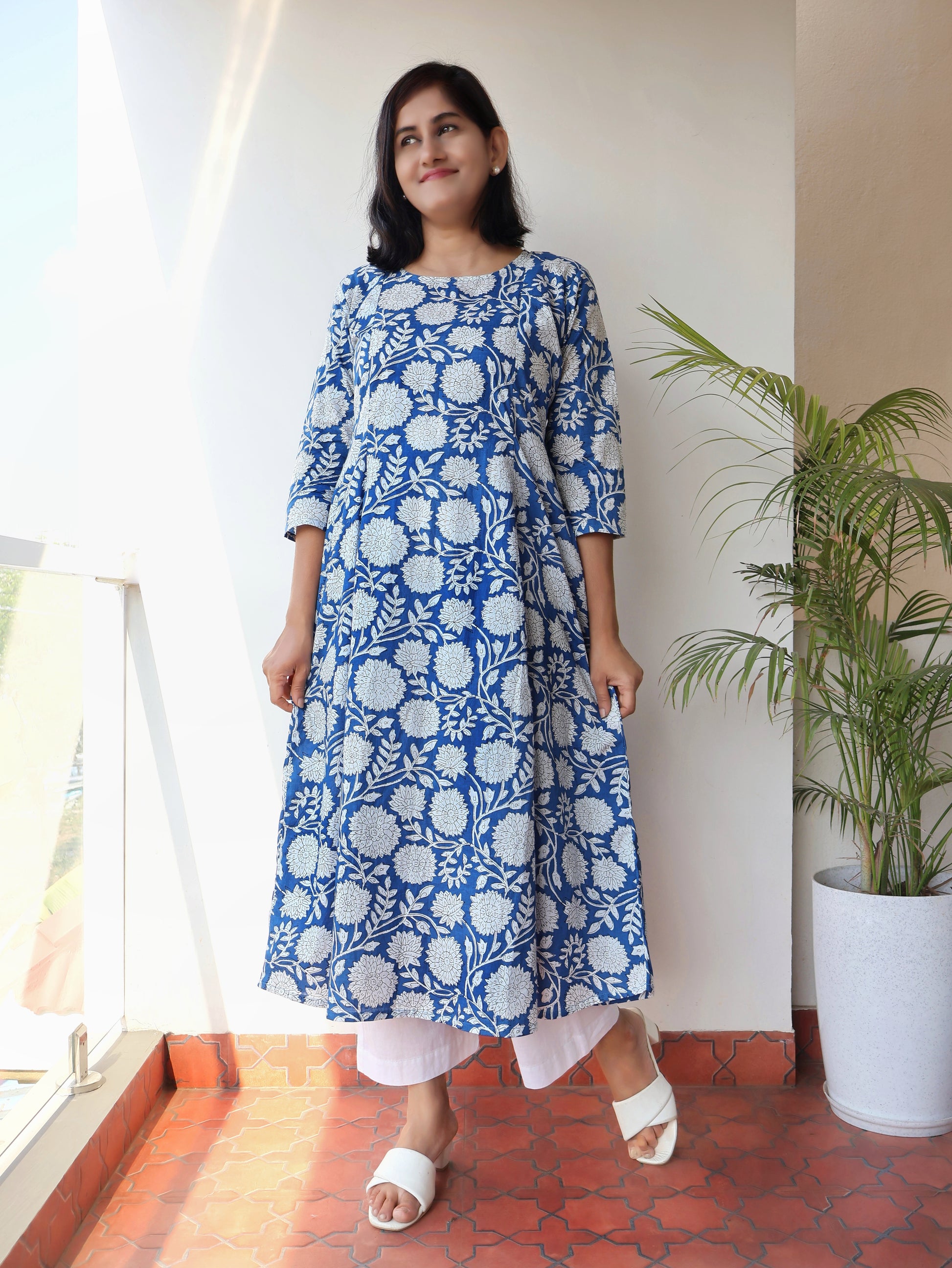 Blue Tropical Printed Cotton Kurta