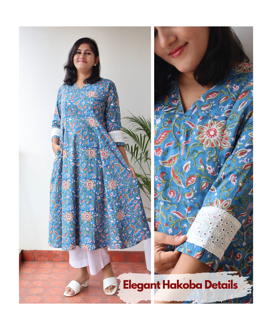 Azure Bloom Sanganeri Hand Block Print Cotton Kurta