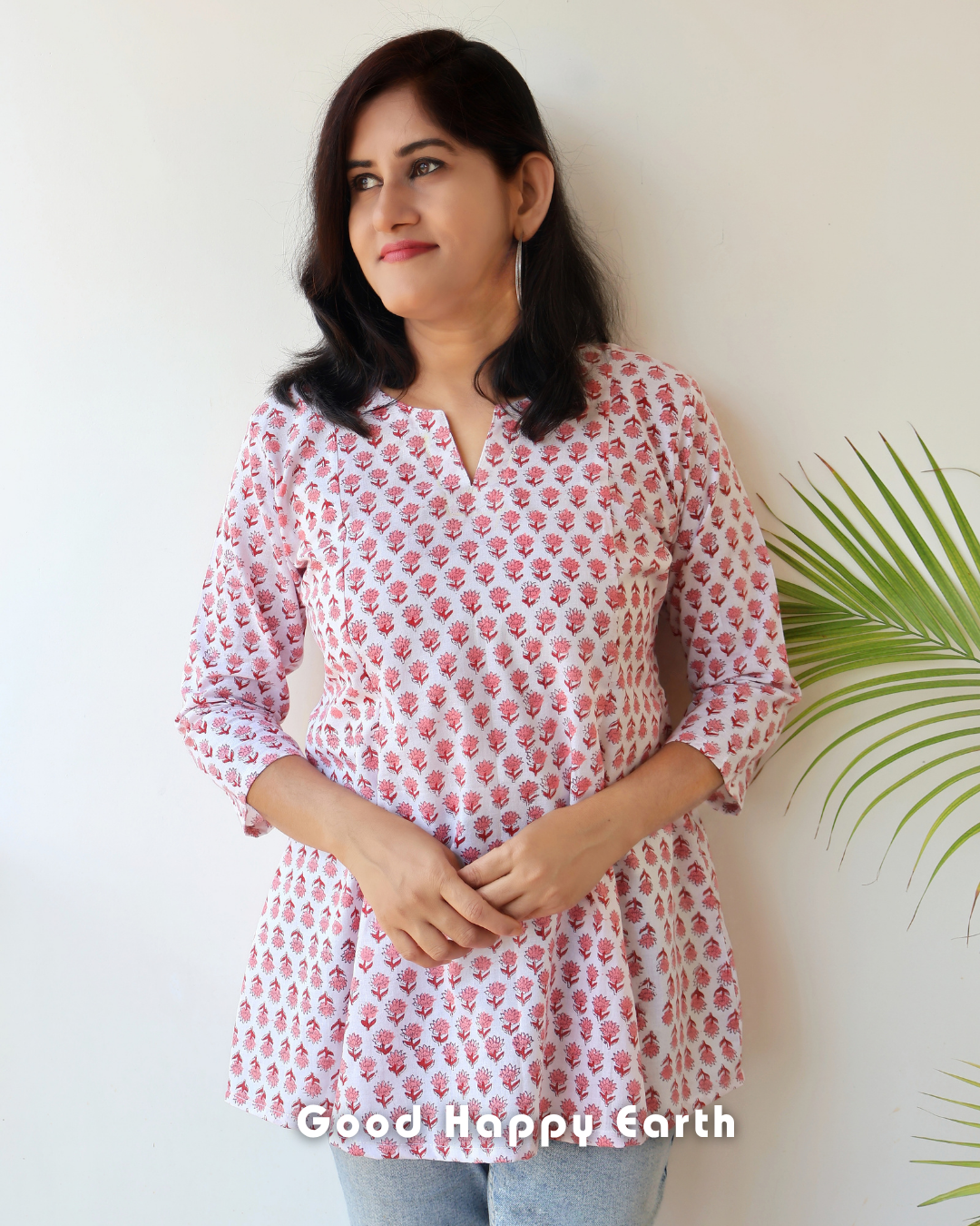 White Krisa Sanganeri Hand Block Panel Cotton Short Top