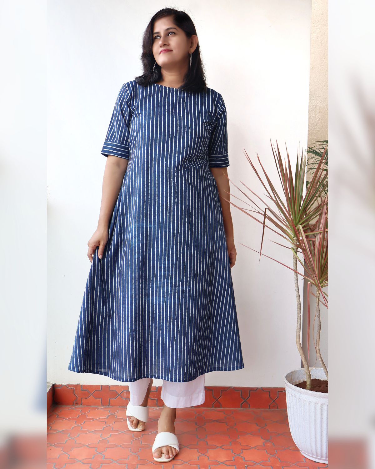 Stripes of Indigo Hand block Aline Cotton Kurta