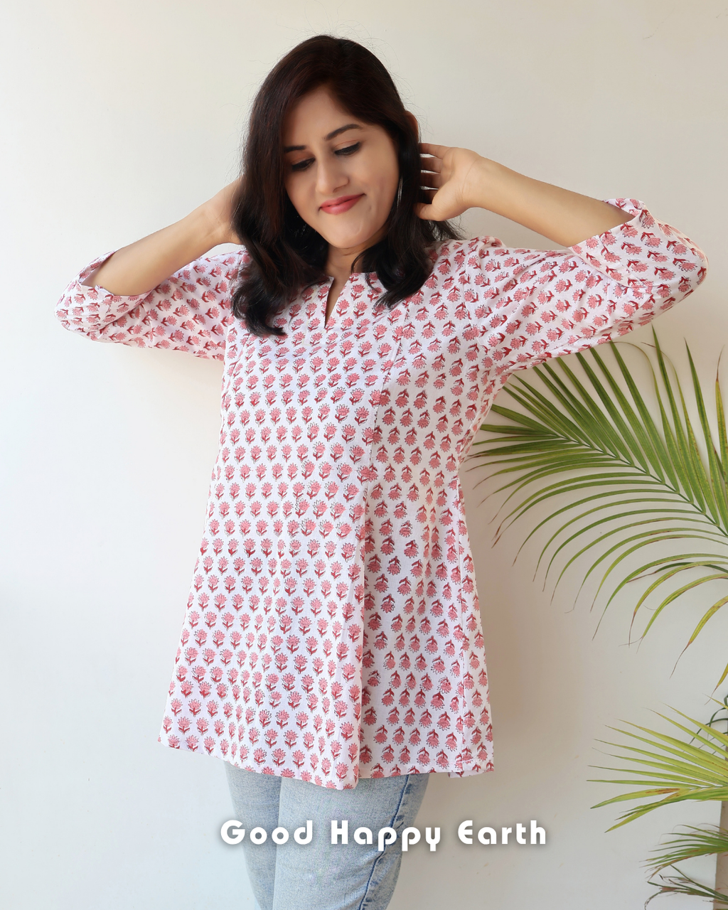 White Krisa Sanganeri Hand Block Panel Cotton Short Top