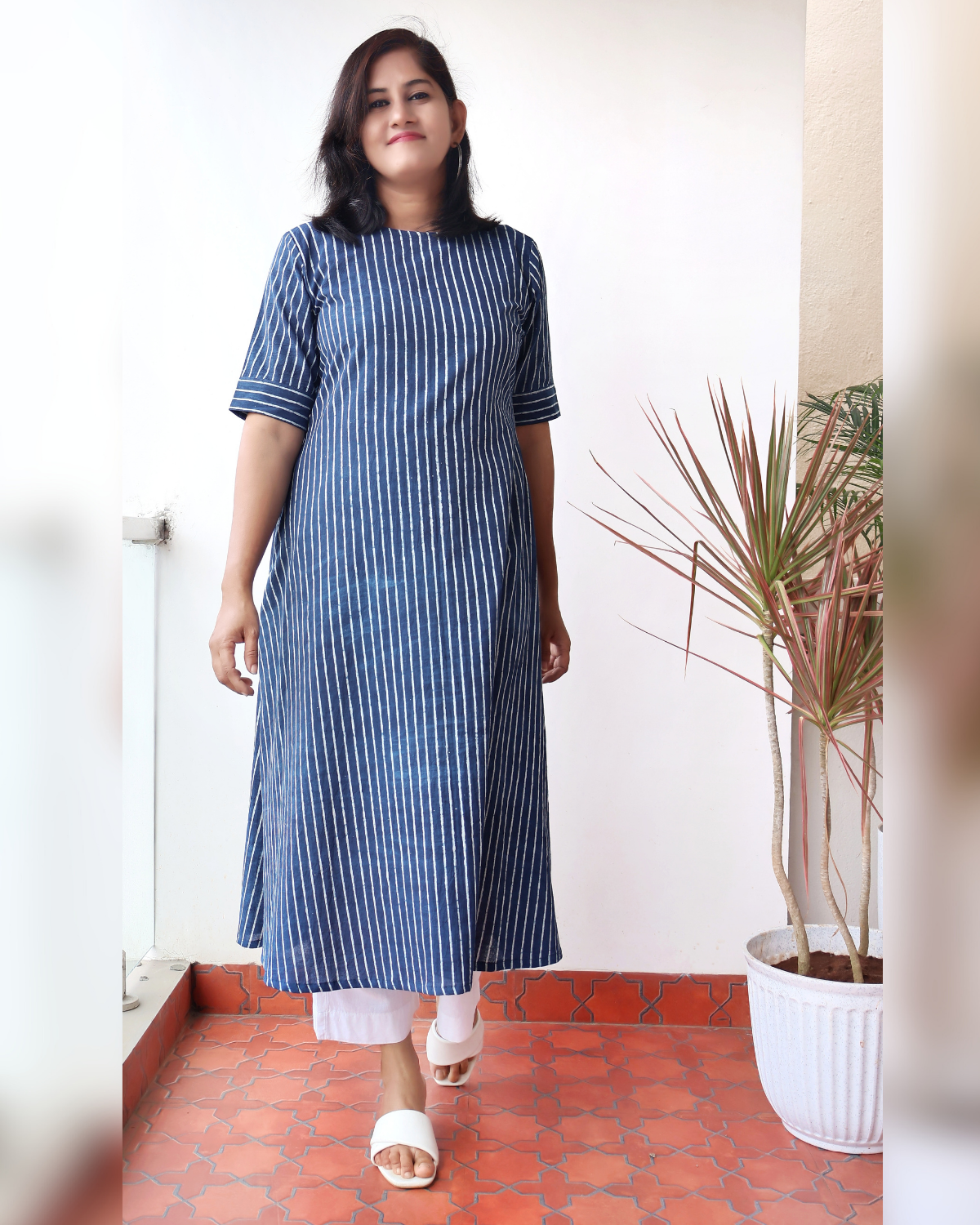 Stripes of Indigo Hand block Aline Cotton Kurta