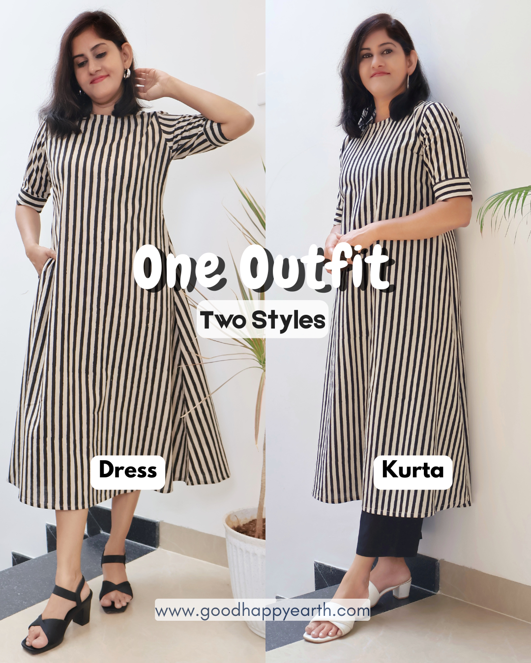 Black Ethereal Stripes Bagru Hand Block Cotton Kurta