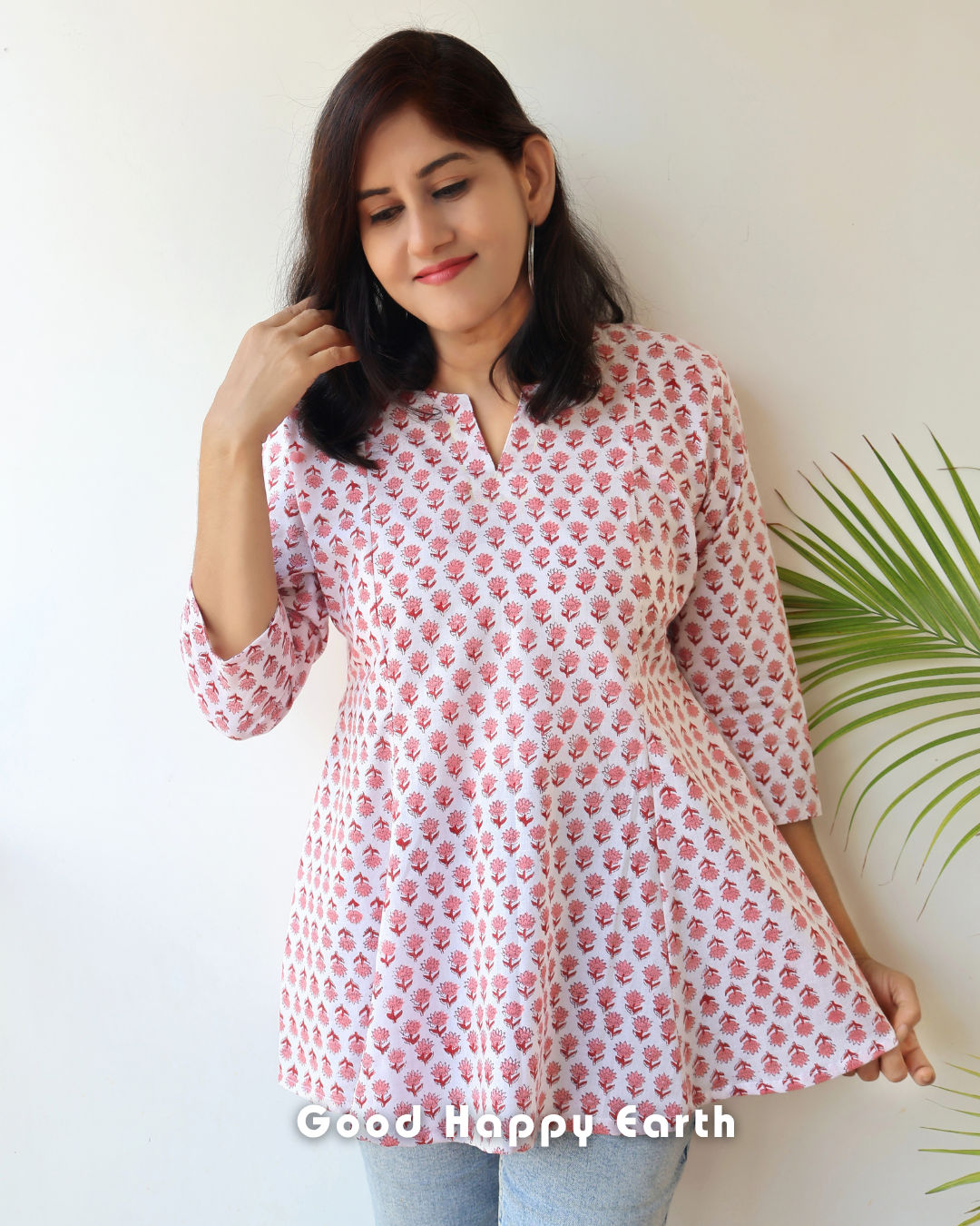 White Krisa Sanganeri Hand Block Panel Cotton Short Top