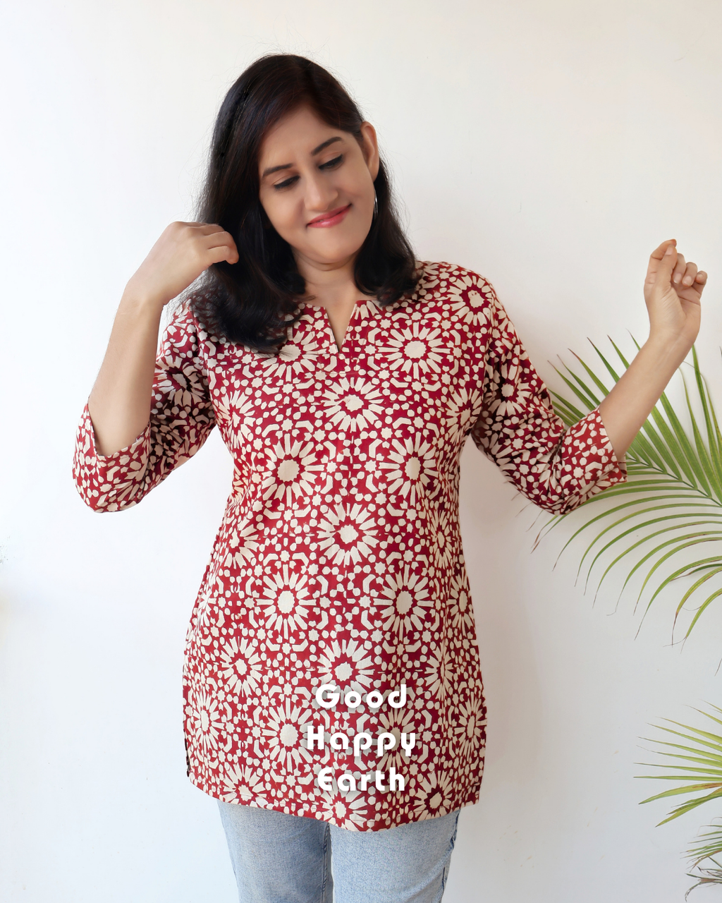 Maroon Veda Bagru Hand Block Straight Cotton Short Top