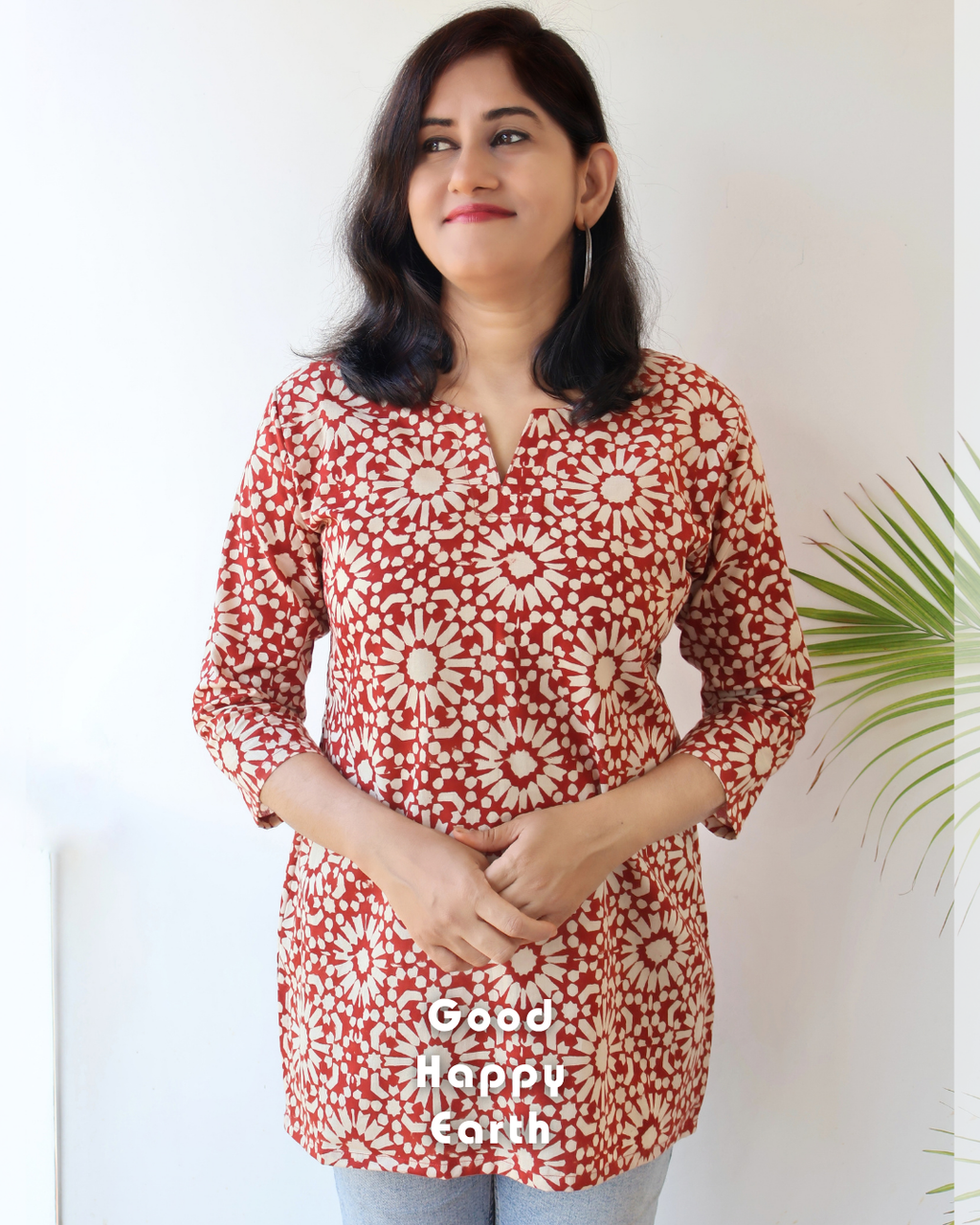 Maroon Veda Bagru Hand Block Straight Cotton Short Top