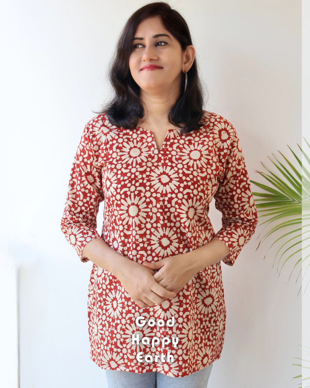 Maroon Veda Bagru Hand Block Straight Cotton Short Top