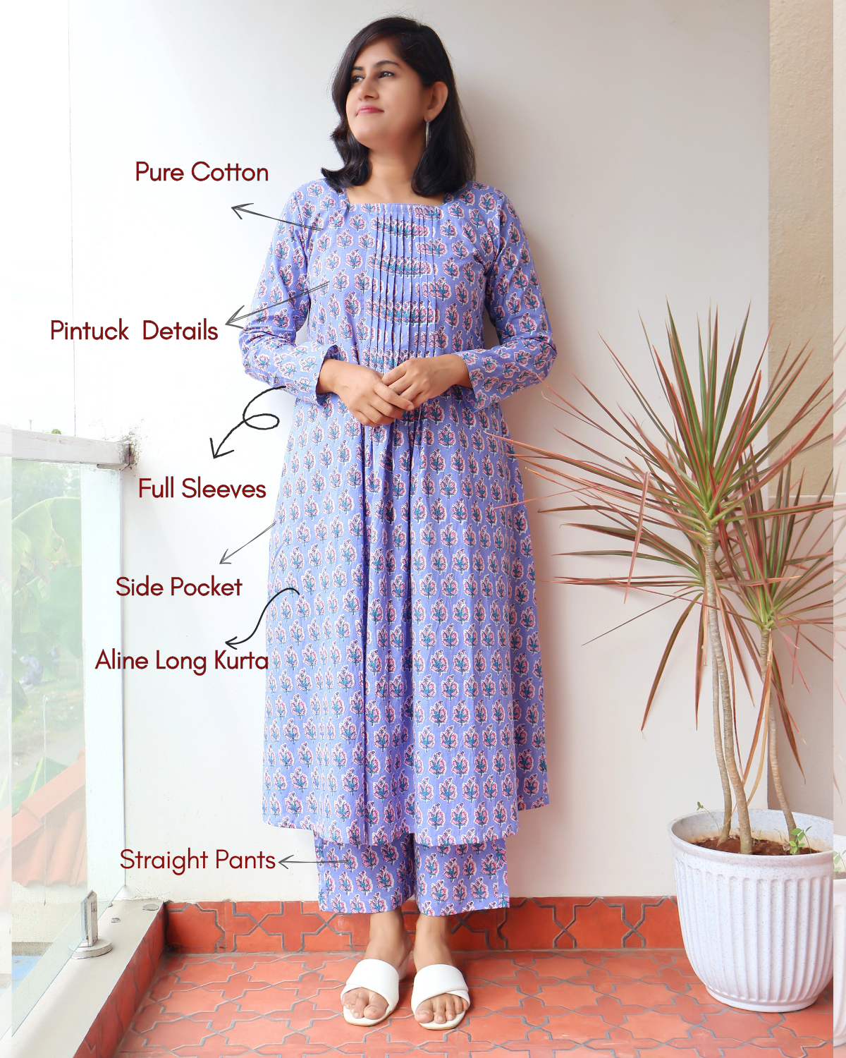 Lavender Dahlia Cotton Pintuck Aline Kurta with Pants