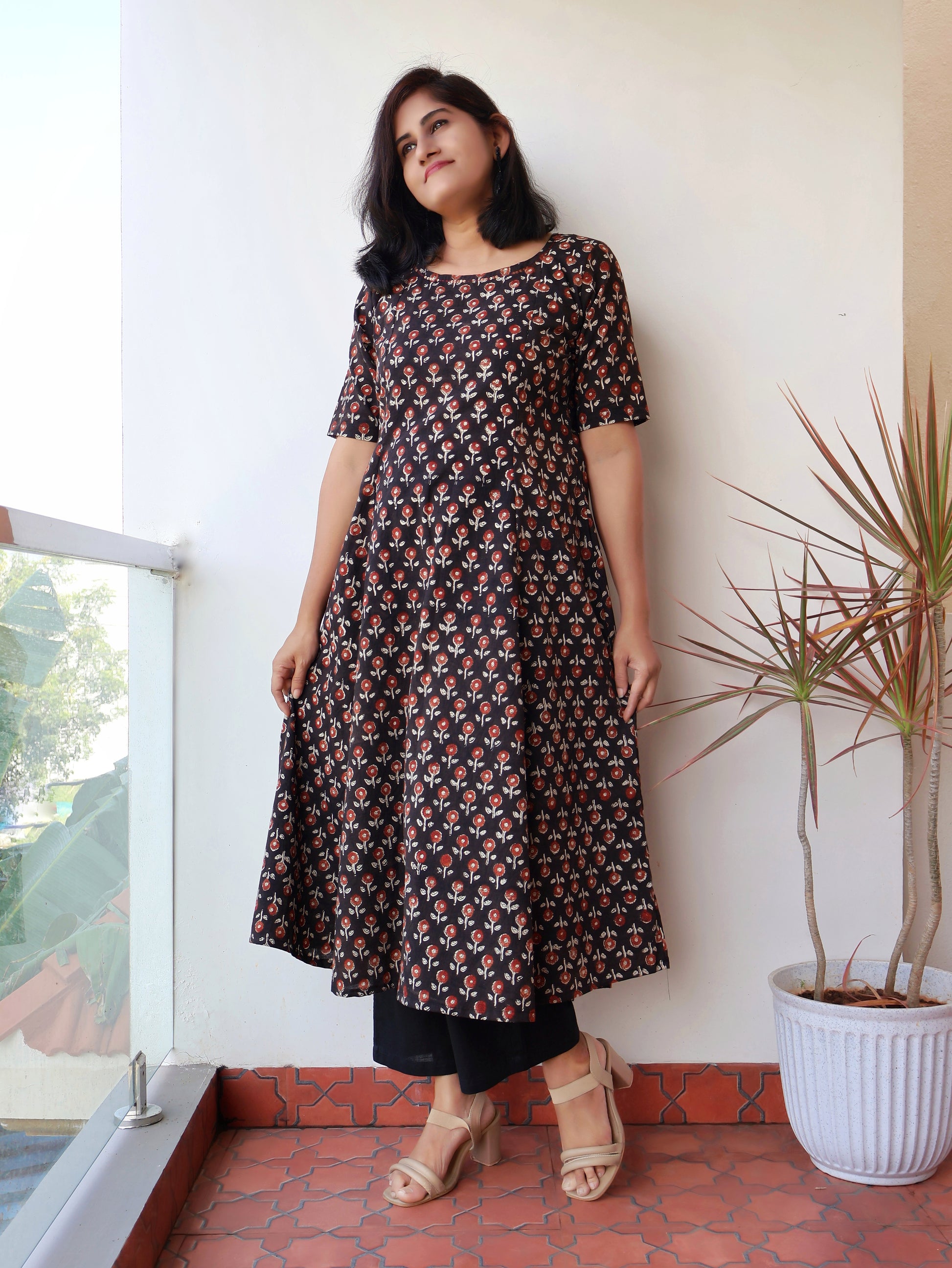 Black Madder Bagru hand block printed cotton kurta with embroidery