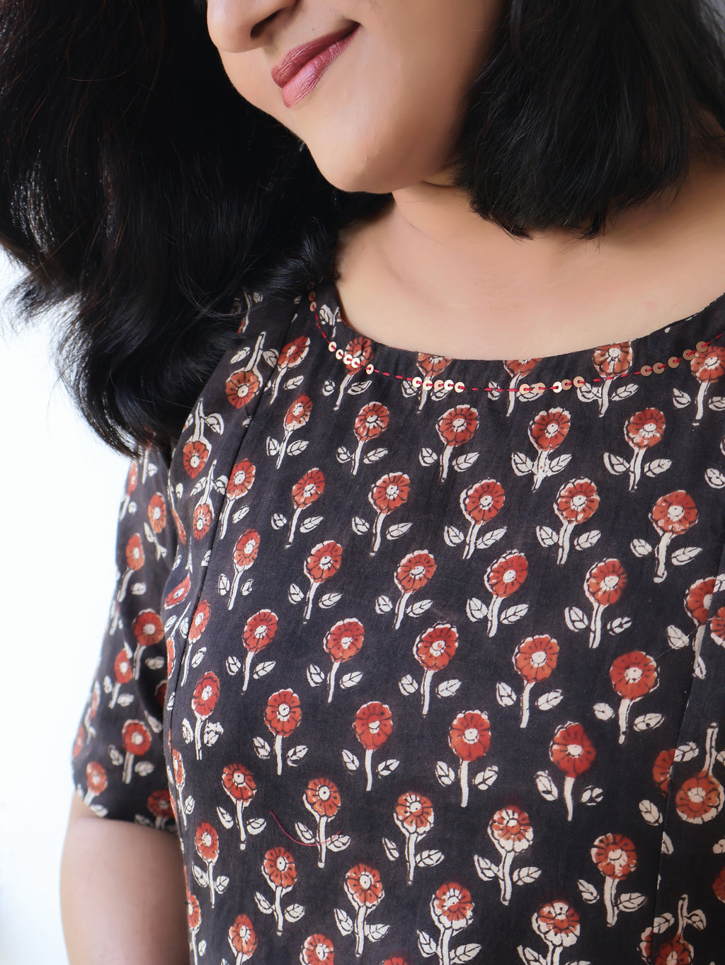 Black hand block kurta with round neck and elbow sleeves