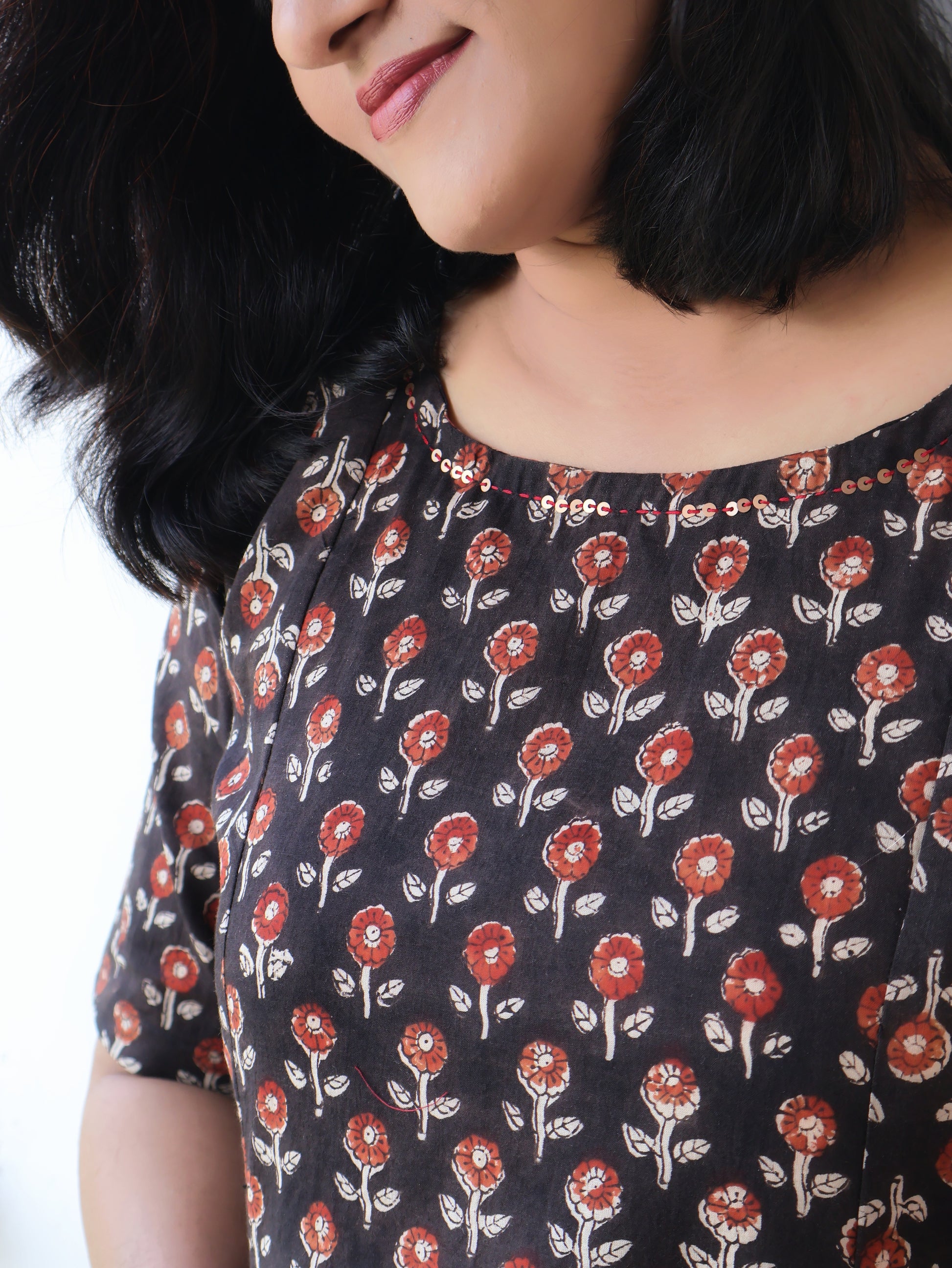 Black hand block kurta with round neck and elbow sleeves