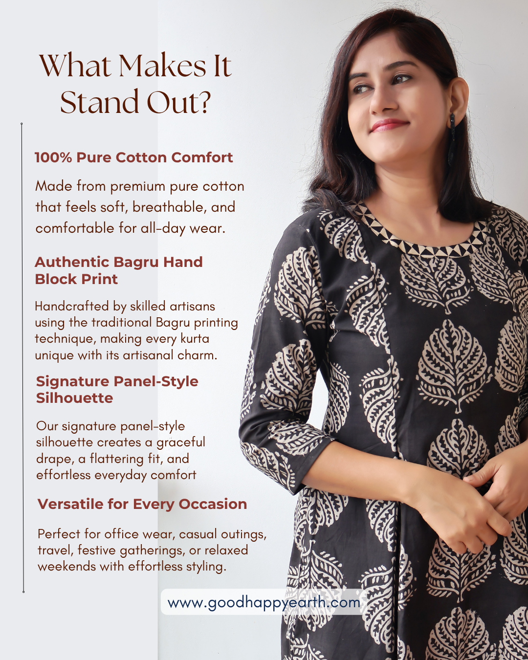 Black Leaf Elegance Bagru Hand Block Cotton Kurta