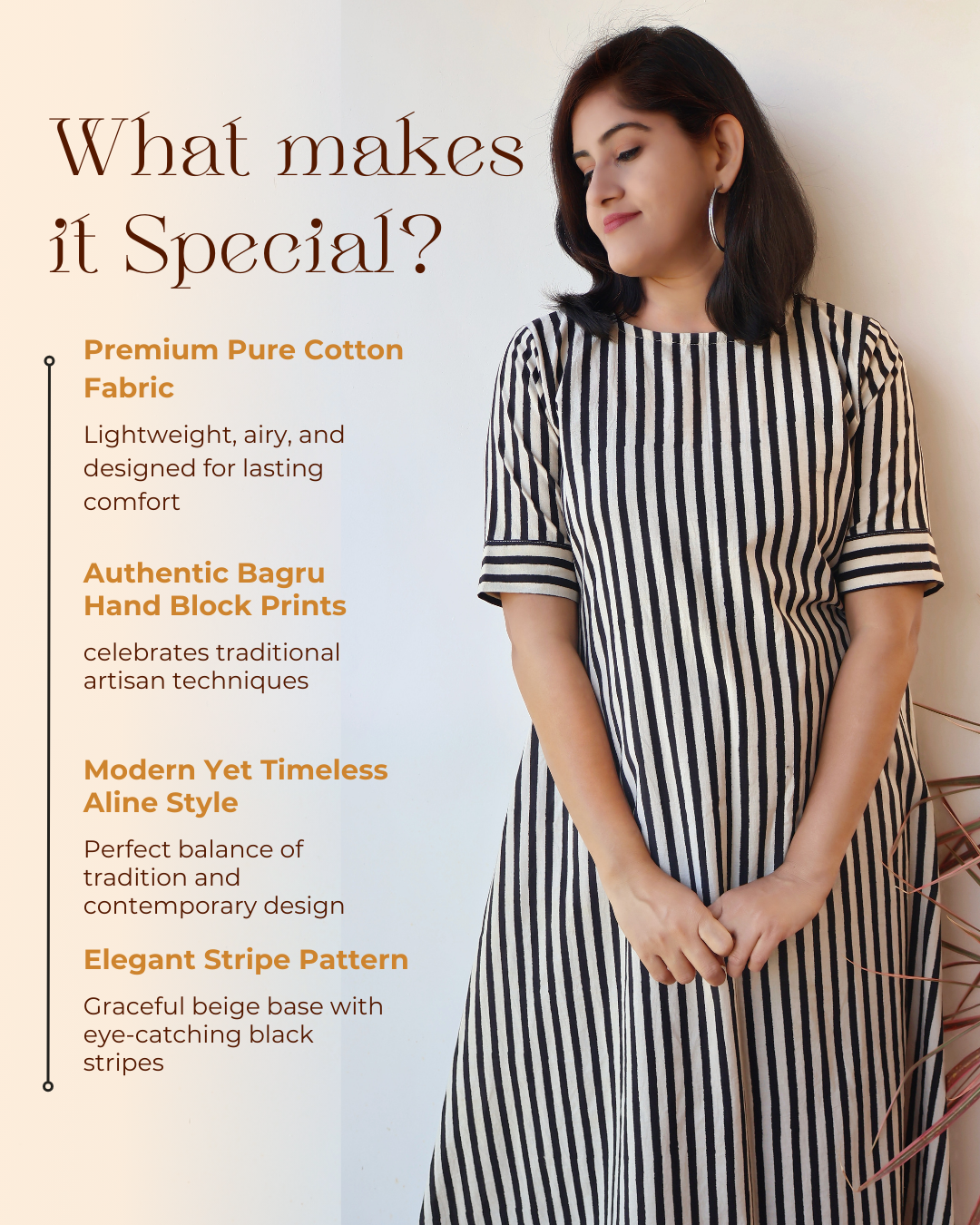 Black Ethereal Stripes Bagru Hand Block Cotton Kurta