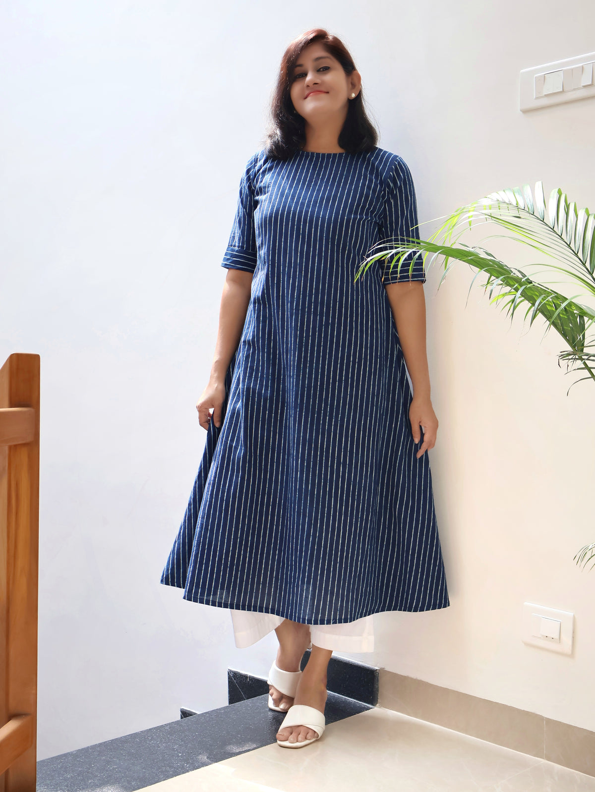 Stripes of Indigo Dabu Hand block Cotton Aline Kurta