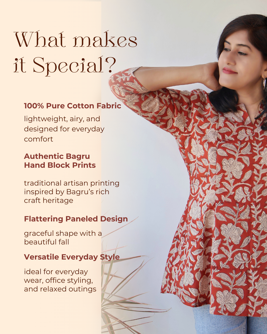 Earth Clay Floral Bagru Hand Block Cotton Short Top