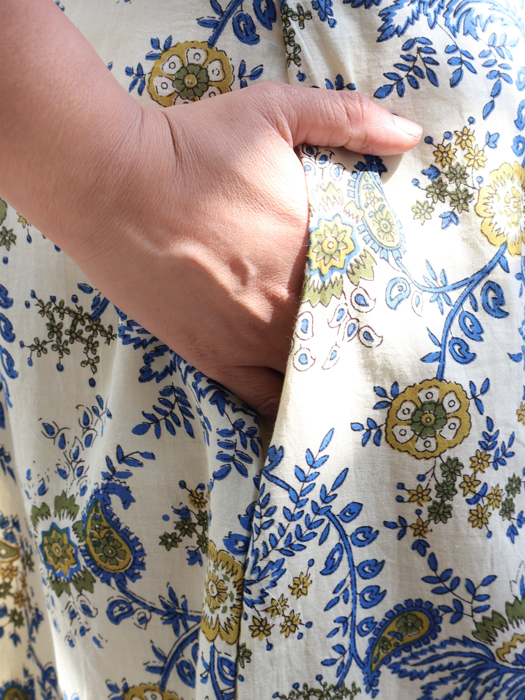 Close-up of Ivory Bagru hand block print made with natural dyes on cotton kurta