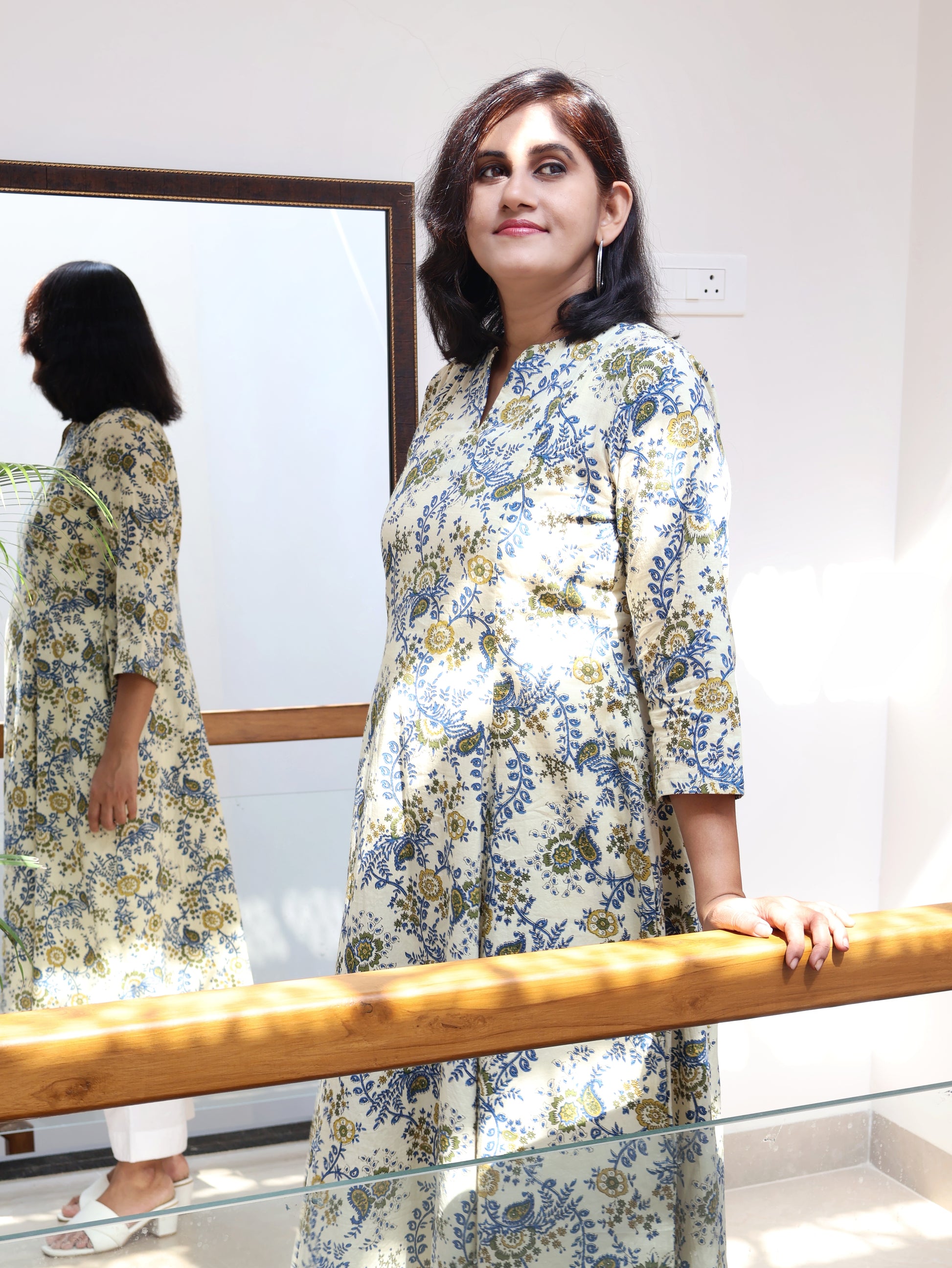 Close-up of ivory Bagru block print in natural dyes on cotton kurta