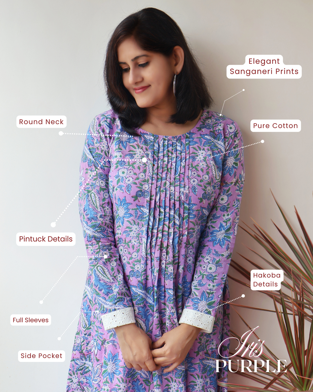 Iris Purple Sanganeri Hand Block Aline Cotton Kurta