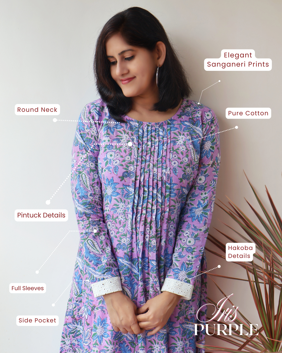 Iris Purple Sanganeri Hand Block Aline Cotton Kurta