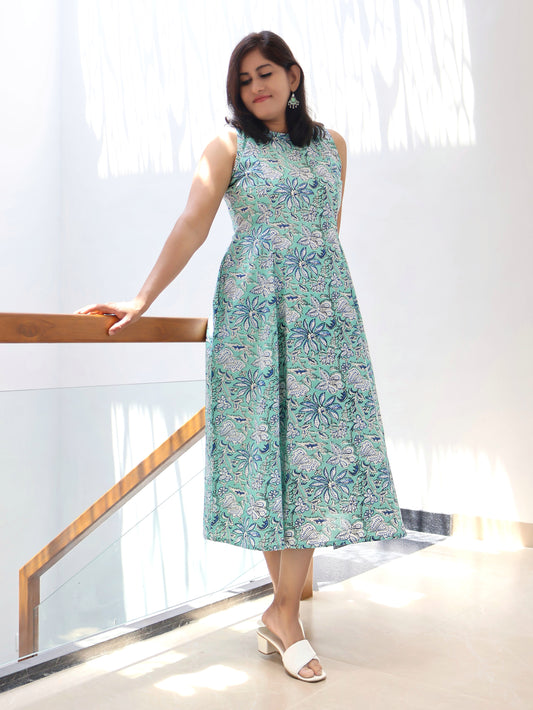 Turquoise Cotton Paneled Aline Dress