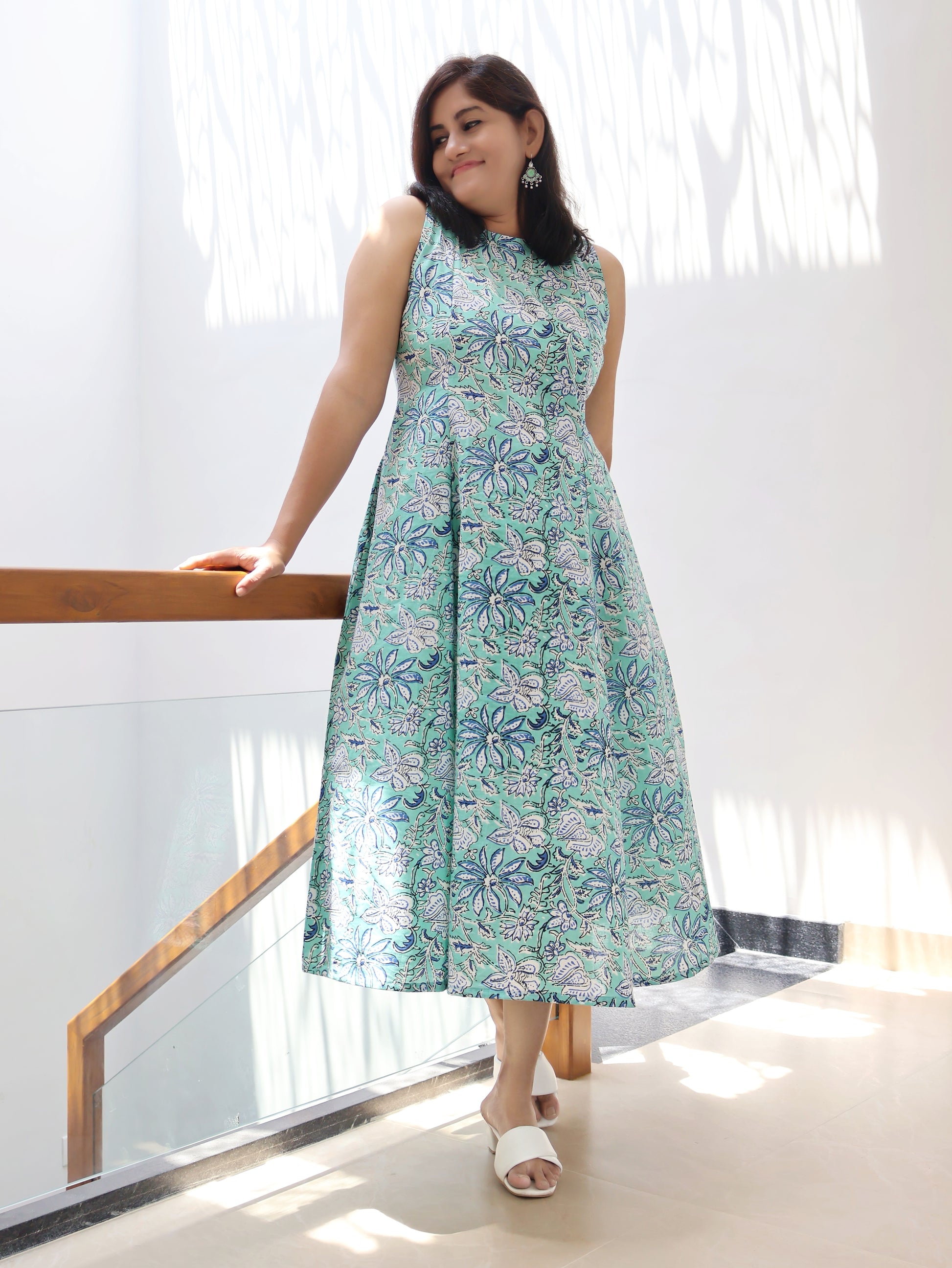 Turquoise Chic Cotton Paneled Aline Dress