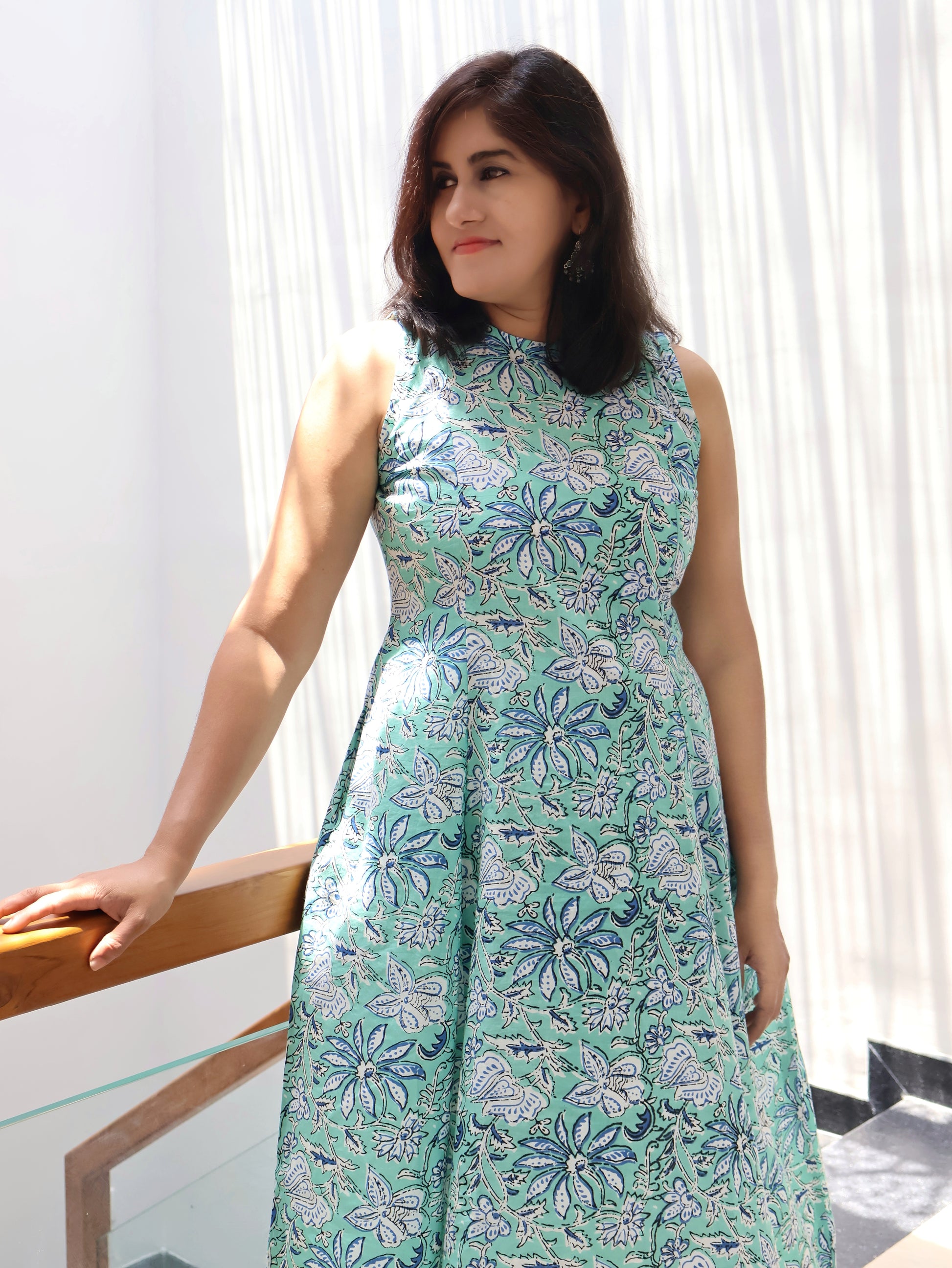 Turquoise Chic Cotton Paneled Aline Dress