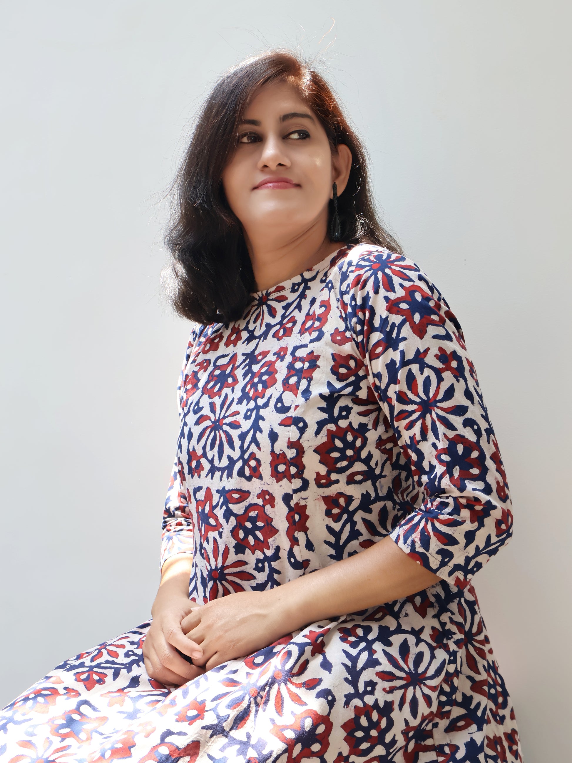 Charm Red Blue Premium Batik Cotton Hand Block Paneled Kurta
