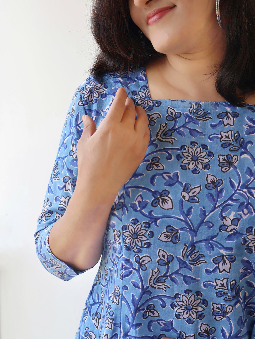 Sea Blue Floral Sanganeri Hand Block Cotton Kurta
