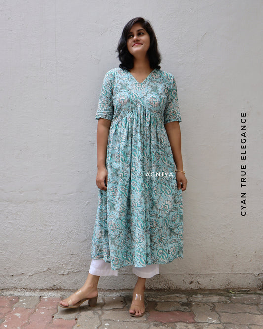 Cyan True Elegance Hand Block Kurta
