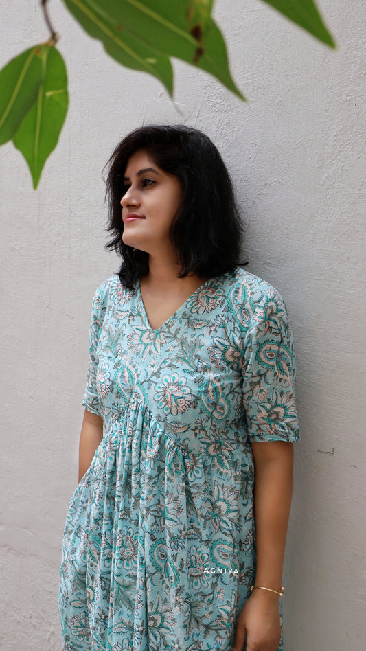 Cyan True Elegance Hand Block Kurta