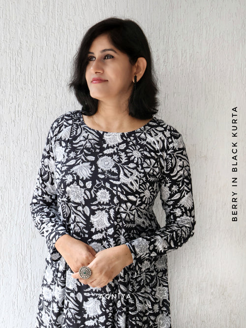 Berry in Black Printed Cotton Kurta