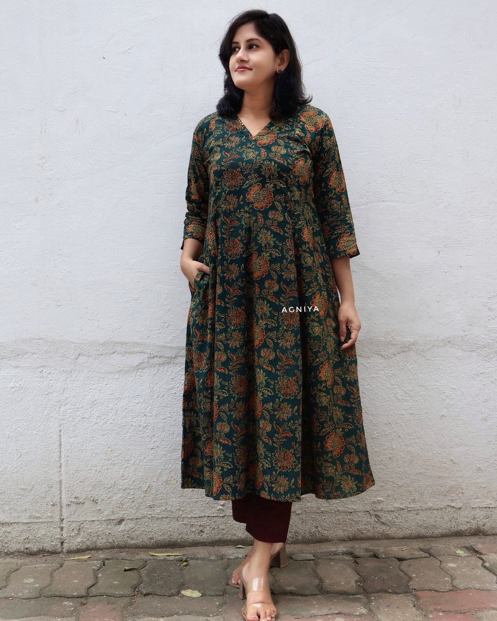 Green Ajrakh Hand Block Paneled Long Kurta