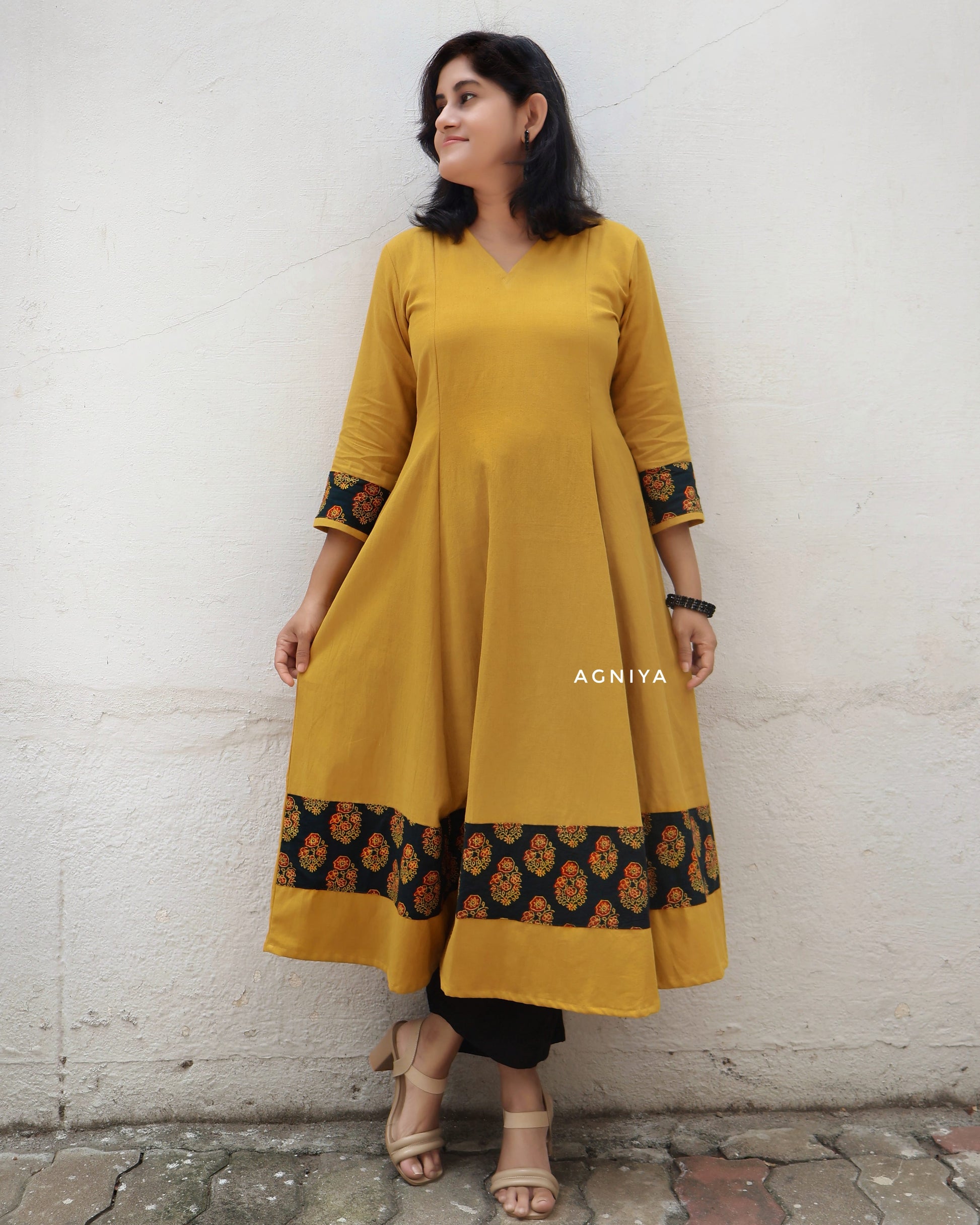 Golden Yellow Paneled Long Kurta