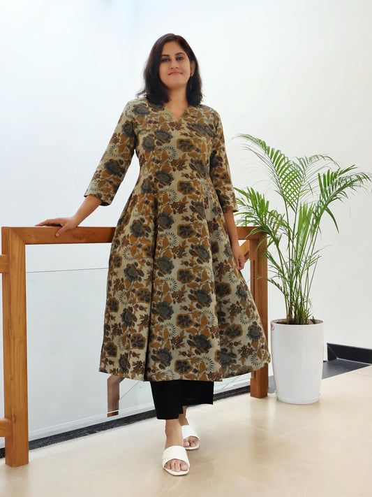 Basil Green Ajrakh Hand Block Print Cotton Paneled Long Kurta