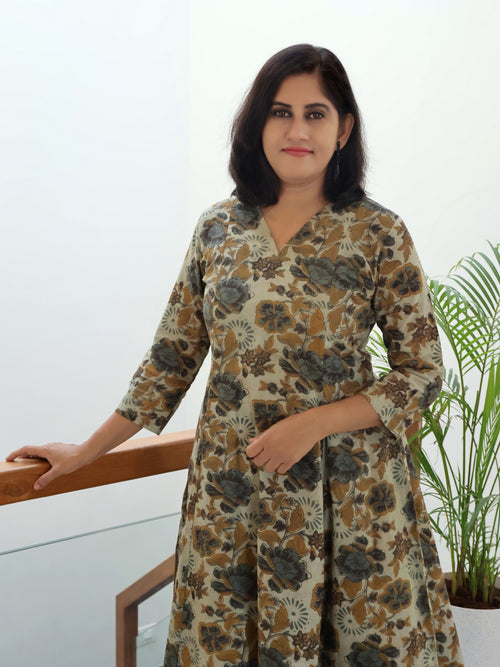 Basil Green Ajrakh Hand Block Print Cotton Paneled Long Kurta