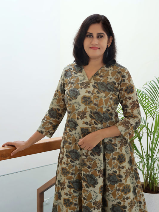 Basil Green Ajrakh Hand Block Print Cotton Paneled Long Kurta