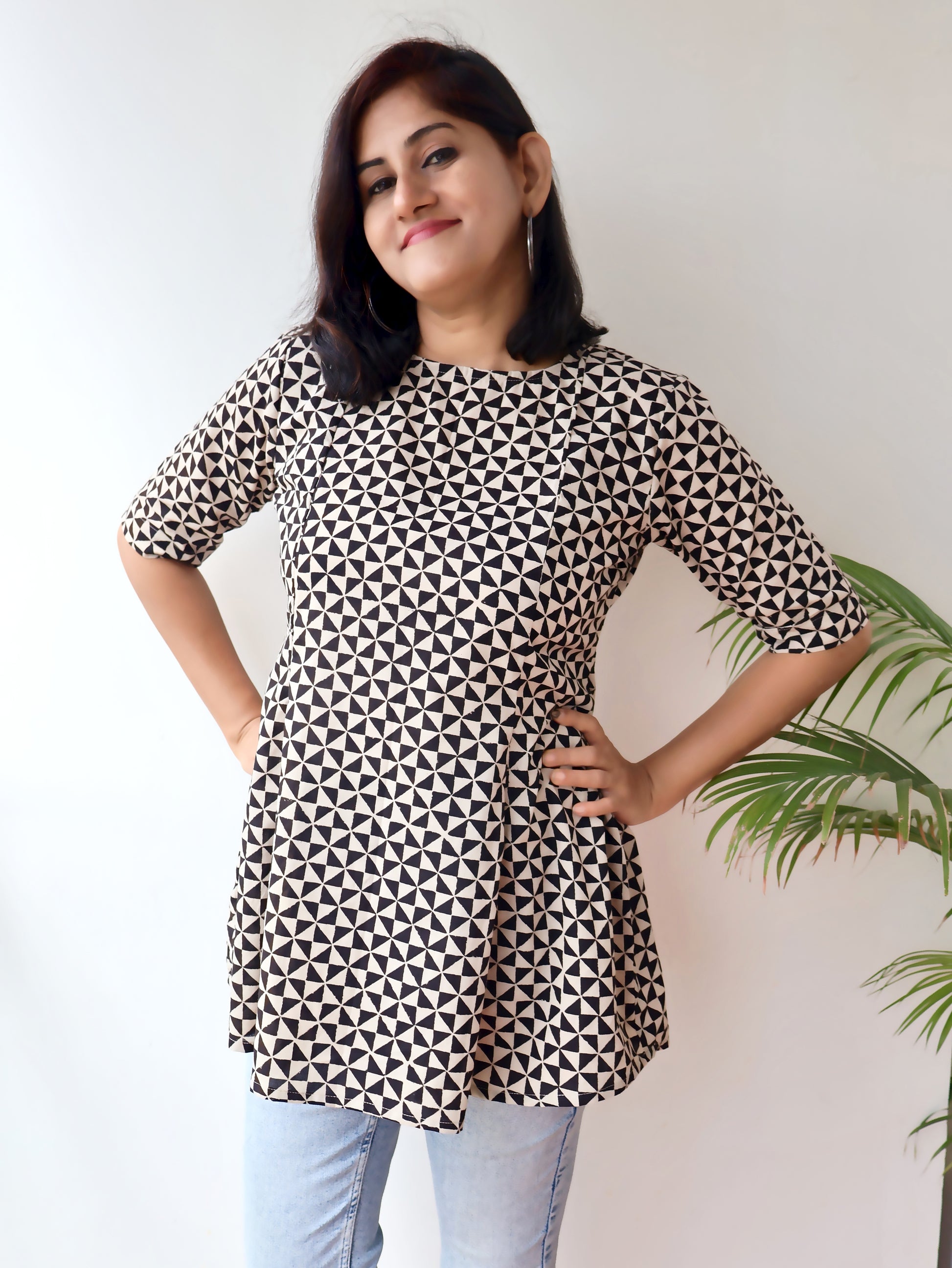 Black Chic Geometric Bagru Hand Block Cotton Paneled  Short Top